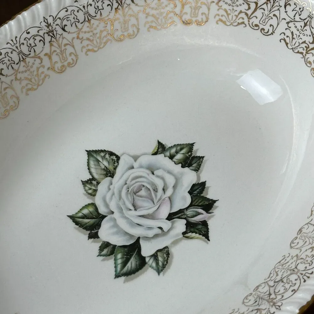 Vtg 1950s Homer Laughlin China Serving Dish Rose Gold Filigree Retro Cottage USA